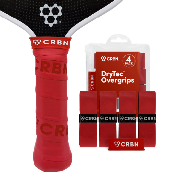 CRBN DryTec Overgrips 4-Pack in Red, wrapped on a pickleball paddle handle beside the packaging
