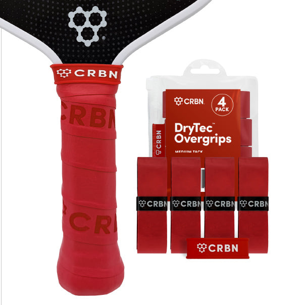 CRBN DryTec Overgrips 4 Pack with red grip and four red overgrips beside a tennis racket handle