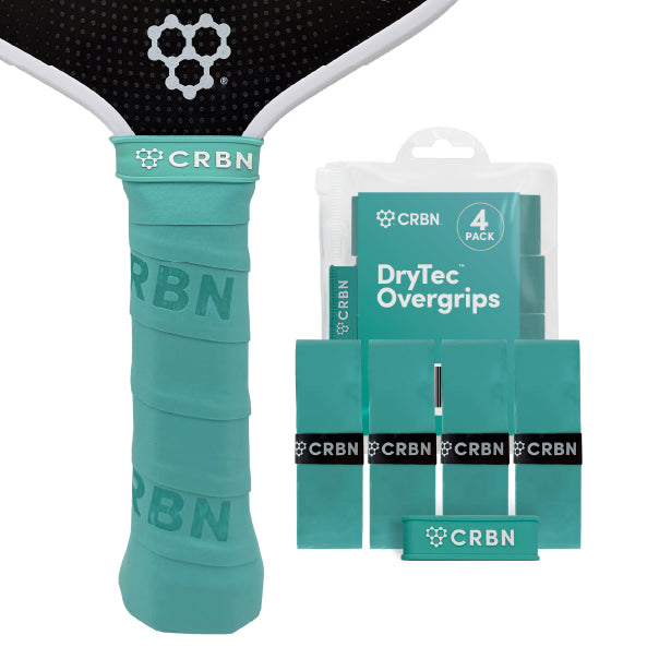 CRBN DryTec Overgrips 4-Pack in Teal, wrapped on a pickleball paddle handle beside the packaging