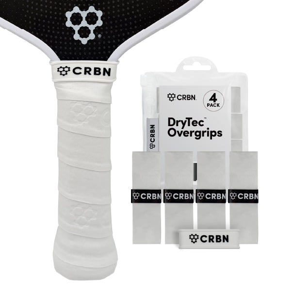 CRBN DryTec Overgrips 4-Pack in White, wrapped on a pickleball paddle handle beside the packaging