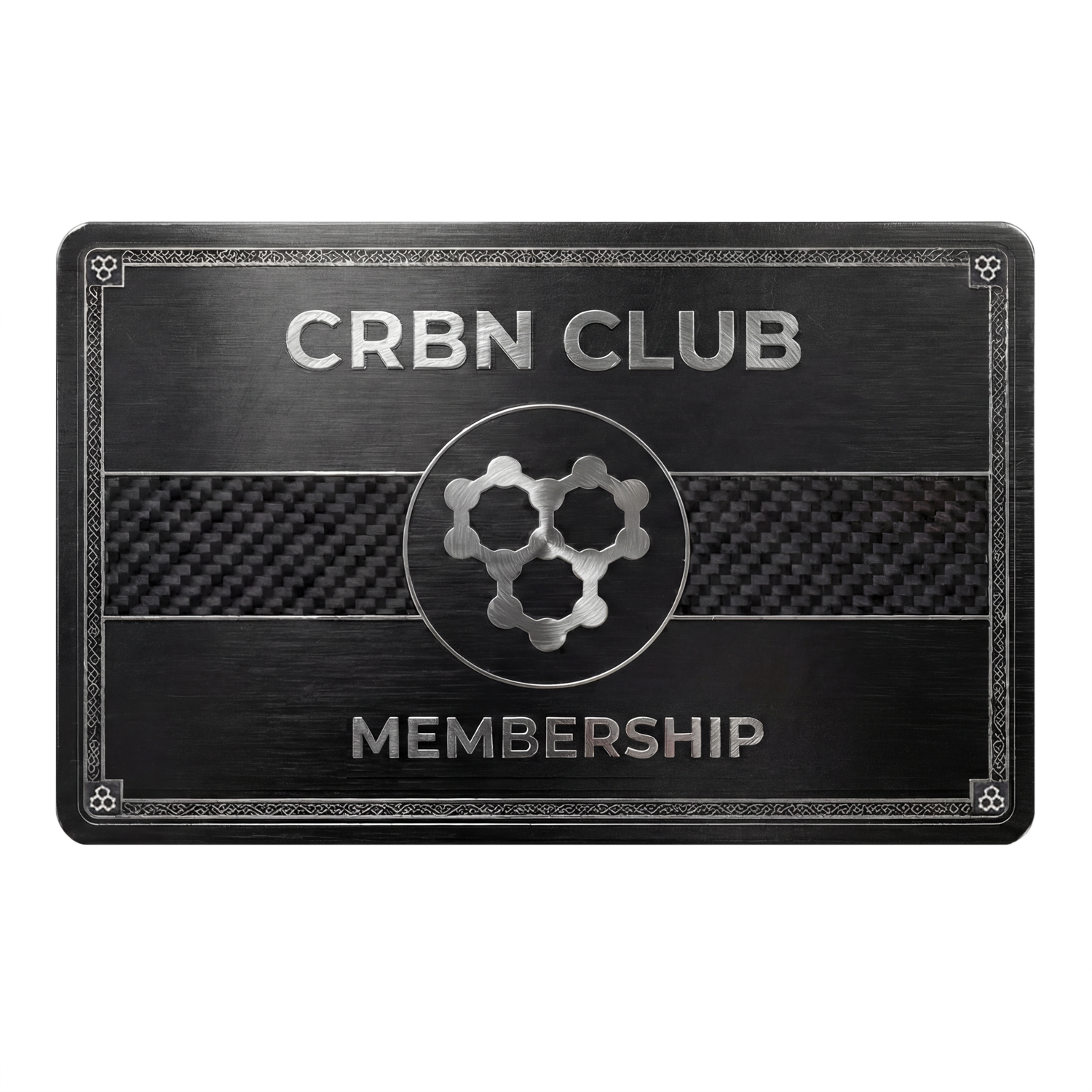 CRBN Club Membership metal card with circular logo, brushed steel finish and carbon fiber stripe.