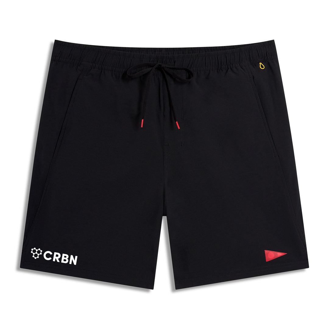 CRBN x Florence Marine X Airtex Utility Short in black with red drawstring tips and logo accents.