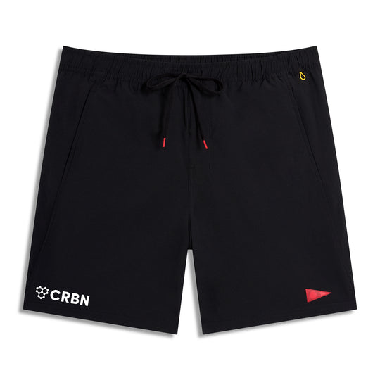 CRBN x Florence Marine X Airtex Utility Short in black with red drawstring tips and logo accents.