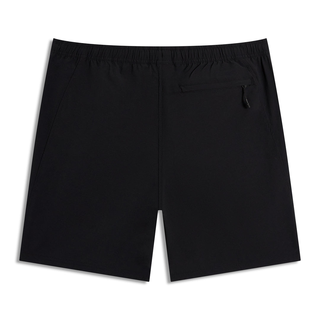 Back view of black CRBN x Florence Marine X Airtex Utility Short showing elastic waistband and a zippered rear pocket