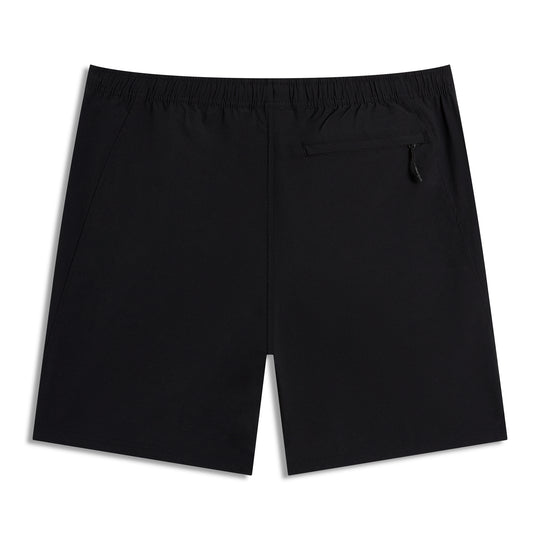 Back view of black CRBN x Florence Marine X Airtex Utility Short showing elastic waistband and a zippered rear pocket