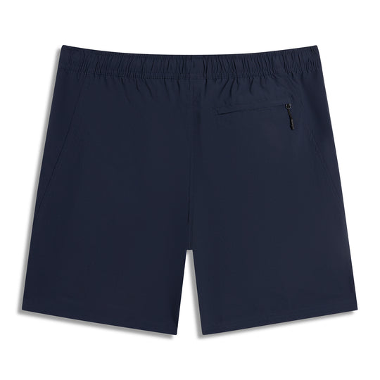 Back view of navy shorts with streamlined seams and minimal detailing.