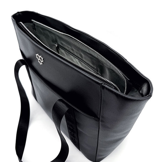 Open black CRBN Club Pickleball Tote showing a spacious main compartment and inner zip pocket against a white background