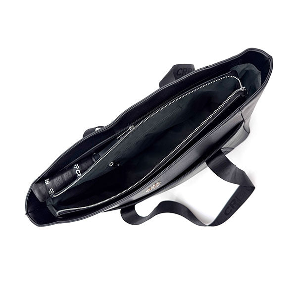Overhead view of CRBN Club Pickleball Tote Bag opened to reveal spacious interior with divider pockets and a shoulder strap.